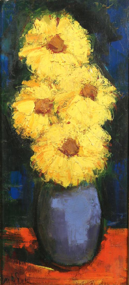JAN DE RUTH (American, 1922-1991): Sunflowers in a vase oil on canvas h. 19 w. 9 in. overall: 26 x 15-1/2 in. signed lower left, framed