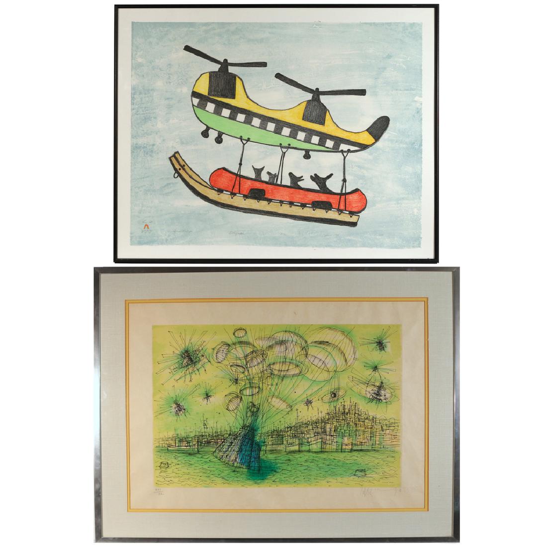 (2pc) 20TH CENTURY PRINTS: including PUDLO PUDLAT (Canadian, 1916-1992), Aerial Portage, 1986, stonecut, 20 x 26 in. (sheet), signed, titled, and dated ‘Dorset 1986’ in pencil lower margin; and a LITHOGRAPH OF PARIS from ov