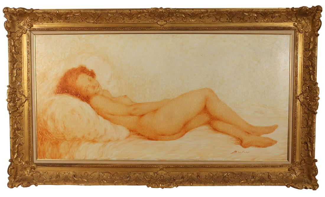 LUCIEN BOULIER (French, 1882-1963): Reclining nude oil on panel h. 22-1/2 w. 45-1/4 in. signed lower right, in a classical gilt frame