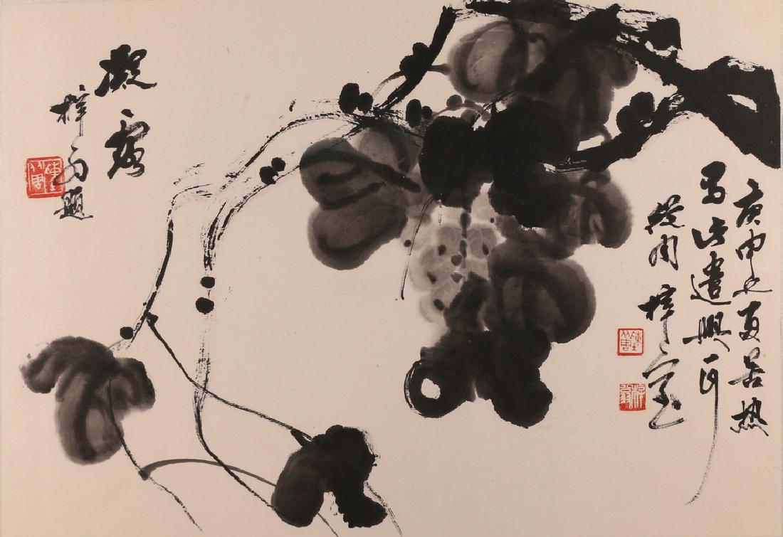 CHINESE PAINTED ALBUM LEAF: Tree branch and blossoms, sumi ink on rice paper mounted on silk, with three seals each reading 'Mei Weng' (?); label lower right reads (in Wade-Giles) 'Chen Tsung Chou' (zhen zong zhou) h. 15-1/2 w. 