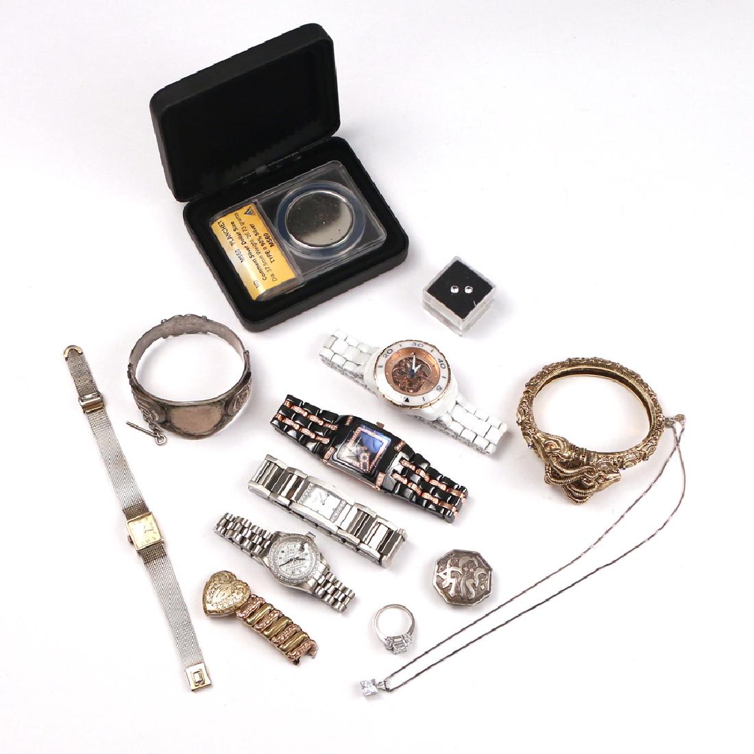 MISC. COSTUME JEWELRY & WATCHES: Including a type II blank silver dollar planchet, a Croton stainless wristwatch, a Charriol wristwatch, a Technomarine wristwatch, an Android automatic wristwatch, a 10k gold filled Omega wristwatch,