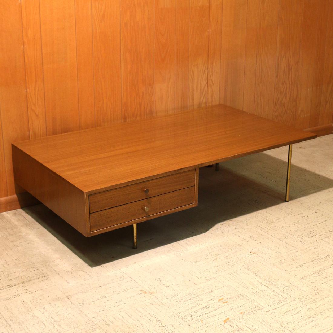 HARVEY PROBBER WALNUT END TABLE: with two drawers, tag on inside of drawer h. 16 w. 56 d. 32 in. Condition: some light scratches in one corner