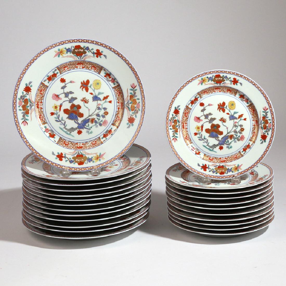 (24pc) BERNARDAUD LIMOGES ‘PONDICHERY’ DISHES: comprising 13 service plates, d. 10-1/8 in., and 11 dessert plates Condition: two service plates with chips, one service plate with large hairline, three dessert plates with chips, one dessert plate w