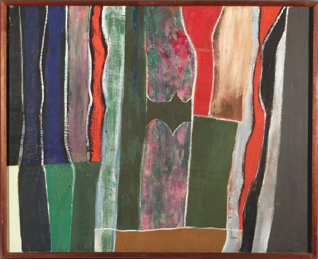SAM WEINER (American, b.1914?): Untitled (vertical lines) oil on canvas h. 26 w. 32 in. overall: 27-1/2 x 33-1/2 in. original frame Provenance: Estate of Late Hazel M. Weiner, Monroe, CT Condition: light craquelure