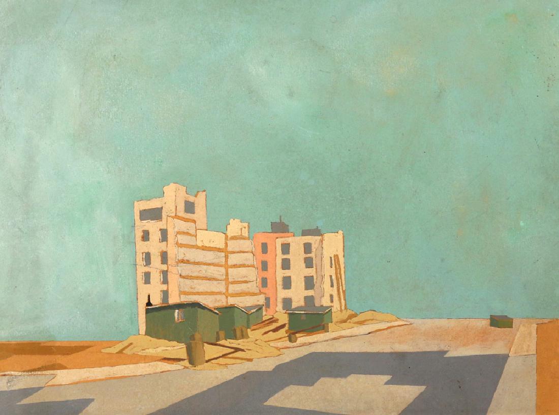 ROBERT CUMMINGS WISEMAN (American, 1891-): Urban Landscape oil on paper h. 11-1/2 w. 10-3/4 in. titled and signed on verso Former Bedford (NY) resident Robert Wiseman was a painter, etcher, and architect from Springfield Ohio who studied at Ke