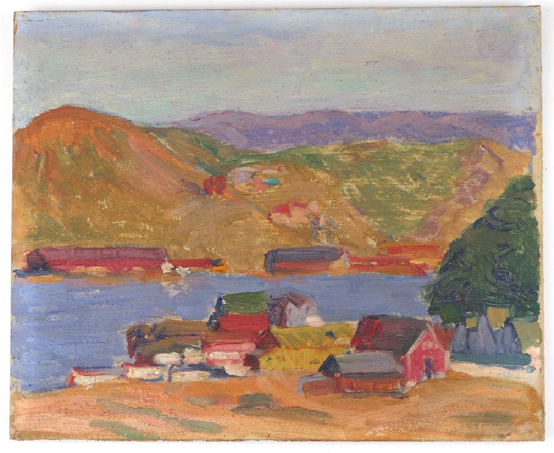 (ATTRIB) JUDITH CHAMBERLAIN: Landscape with Buildings Along Water oil on board h. 8-1/2 w. 10-1/2 overall: 14 x 16 in. Period frame Born 1893 in San Francisco, CA, Judith Chamberlain was a pupil of Max Weber, she was exhibited at