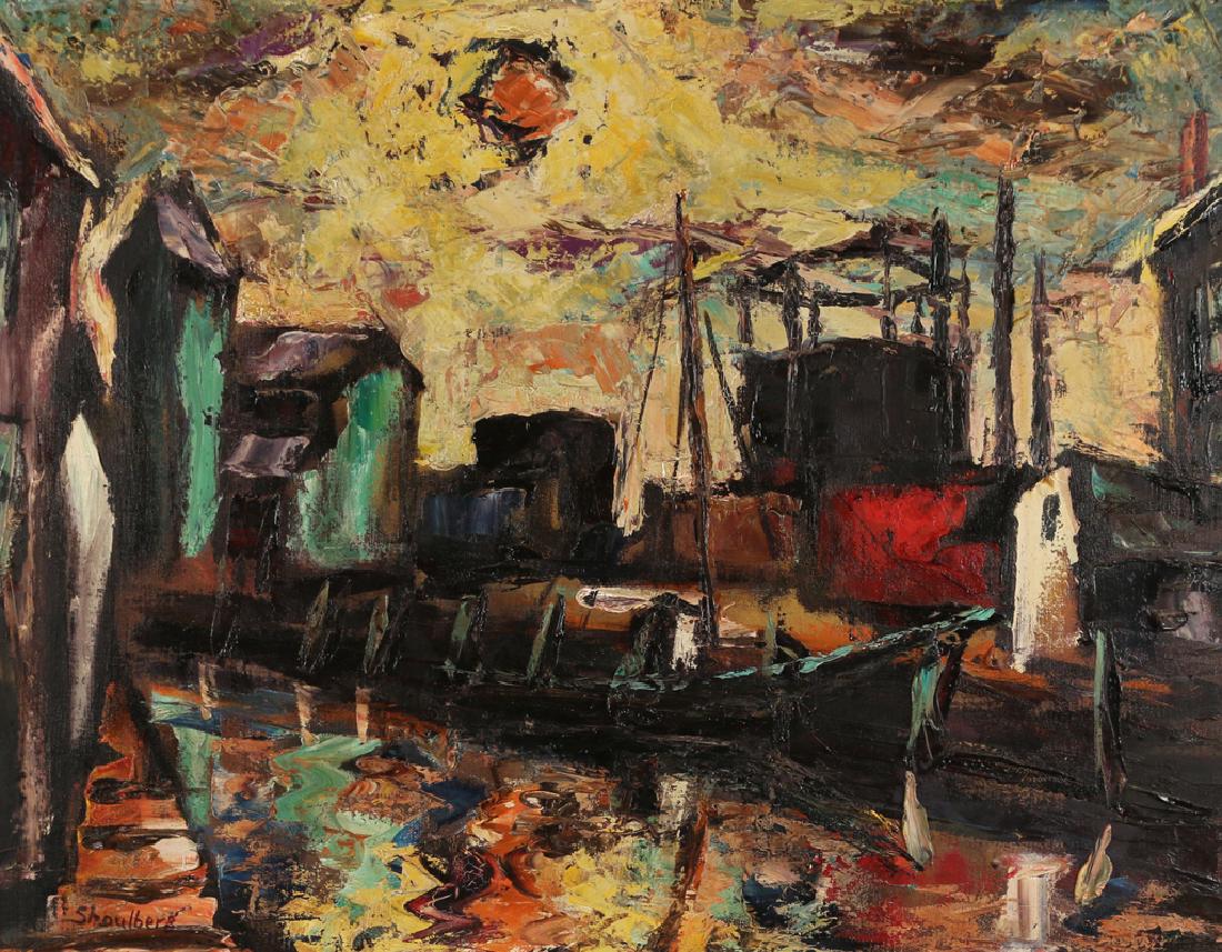 HARRY SHOULBERG (American, 1903-1995): Gowanus Canal oil on canvas h. 22 w. 28 in. overall: 30 x 36 in. signed lower left, titled on old label on verso, framed