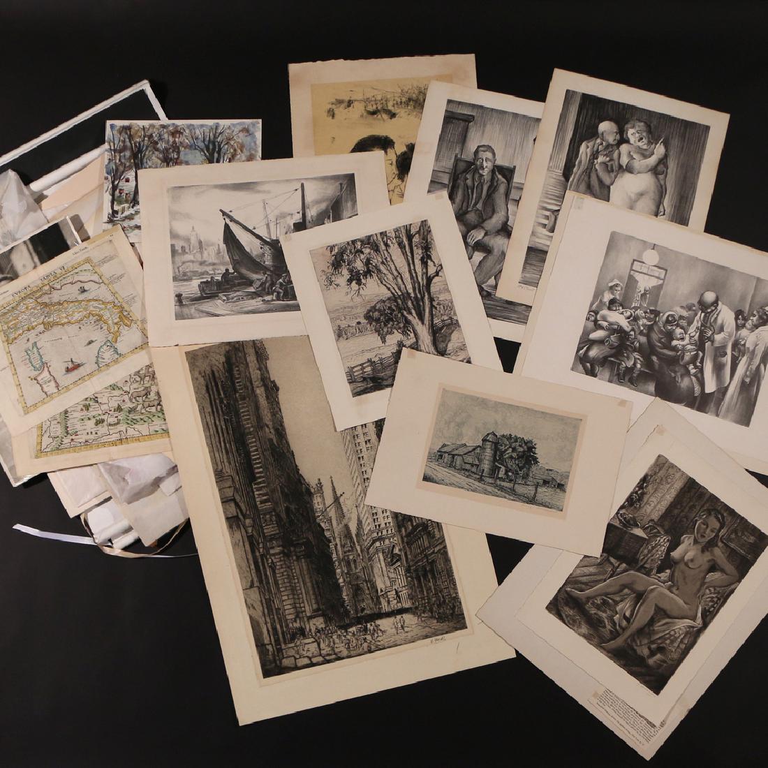 PORTFOLIO OF ASSOCIATED AMERICAN ARTISTS PRINTS: AND OTHER, including 2 Luigi Lucioni signed etchings, Tree in a field and 'Vermont Castles'; Emil Ganso, 'Dolores', etching, signed; William Monk (1863-1937) 'Wall St., N.Y.C.', etching, pencil signed