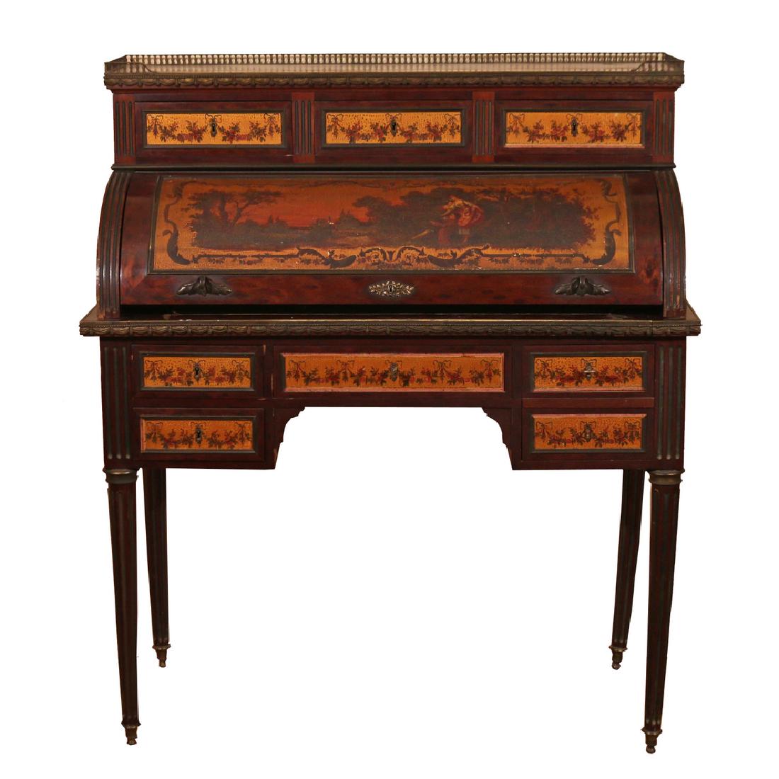 FRENCH PAINT-DECORATED ROLL-TOP DESK: early 20th Century, with a three-drawer superstructure having a red-marble top and 3/4 brass gallery over a roll-top painted with two lovers in a pastoral landscape revealing three interior drawers an