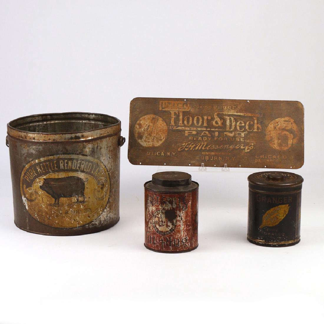 (4pc) ADVERTISEMENT TINS:: Pure Kettle Rendered lard tin pail, h. 9-3/4 d. 10 in.; UTICO Messenger floor & deck paint sign, 17 x 6-3/4 in.; & 2-tobacco cans: Just Suits & Granger Provenance: Estate of Late Hazel M. Weiner, Monr
