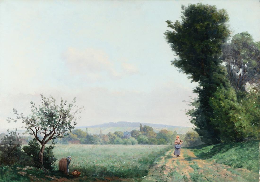 GUSTAVE MAINCENT (French, 1850-1887): Landscape with figure on the road oil on canvas h. 26 w. 36-1/2 in. overall: 35 x 47 in. signed lower right Provenance: Sotheby's Arcade (label on verso)