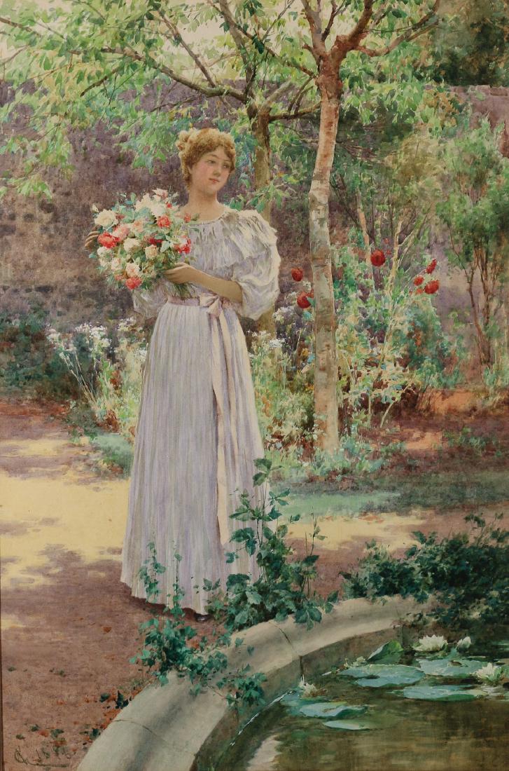 ALFRED A. GLENDENING, JR. (English, 1861-1903/07): Young woman by a pool of water lilies watercolor on paper h. 23 w. 15-1/4 in. signed with monogram lower left, framed Provenance: By repute: purchased by the consignor's late father in the 1970s