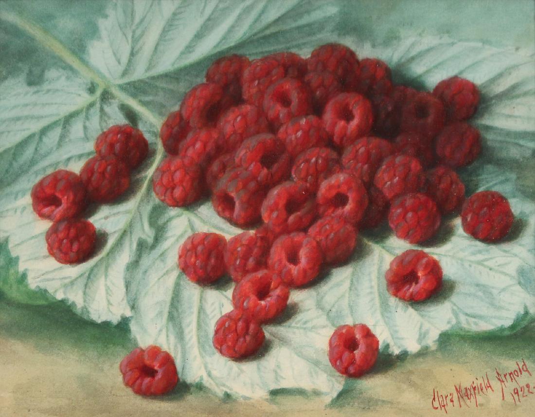 CLARA MAXFIELD ARNOLD (PROVIDENCE, RI.,1879-1959): Raspberries on Cabbage Leaf mixed media on paper h. 6 in w. 8 in. signed lower right and dated 1922 Provenance: New Canaan CT estate