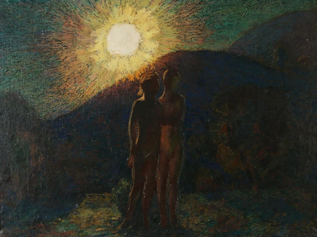 VAN DEARING PERRINE (American, 1869-1955): Two figures in landscape oil on canvas h. 26 w. 35 in. signed lower left, dated on stretcher 'November 20 19', with partial old (New York) gallery label on verso, framed