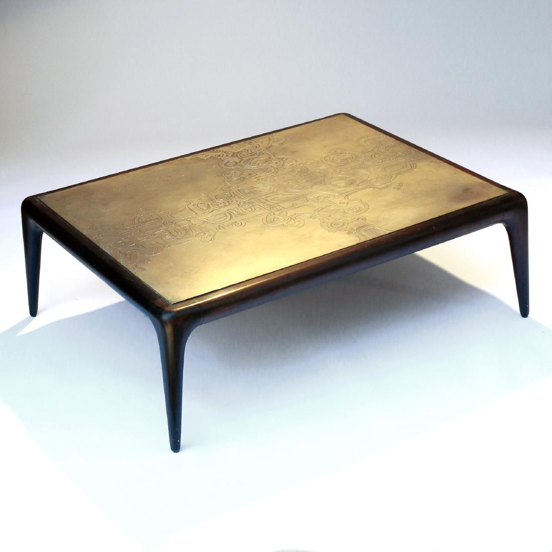VERY RARE VLADIMIR KAGAN COFFEE TABLE: circa 1960's, Kagan-Dreyfuss, New York, rosewood with acid-etched brass top, unmarked Another example of this very rare design (though with a different top) was recently sold at Piasa, Paris, France, 