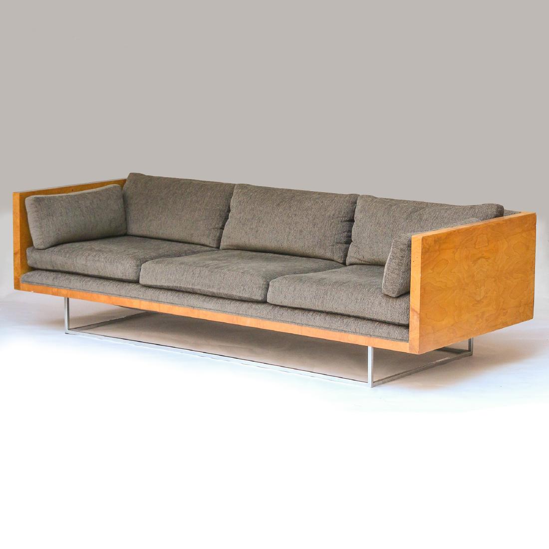 MILO BAUGHMAN / THAYER COGGIN SOFA: circa 1970s, with book-matched burlwood veneer on back and sides, chromed steel base, unmarked h. 24 w. 84 d. 34 in.
