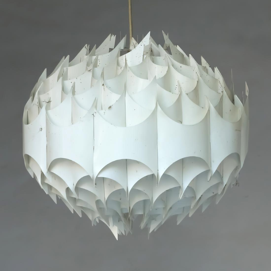RHYTHMIC GLOBE CHANDELIER-PENDANT: designed by Havlova Milanda for Vest, white plastic h. 16 dia. 20 in.