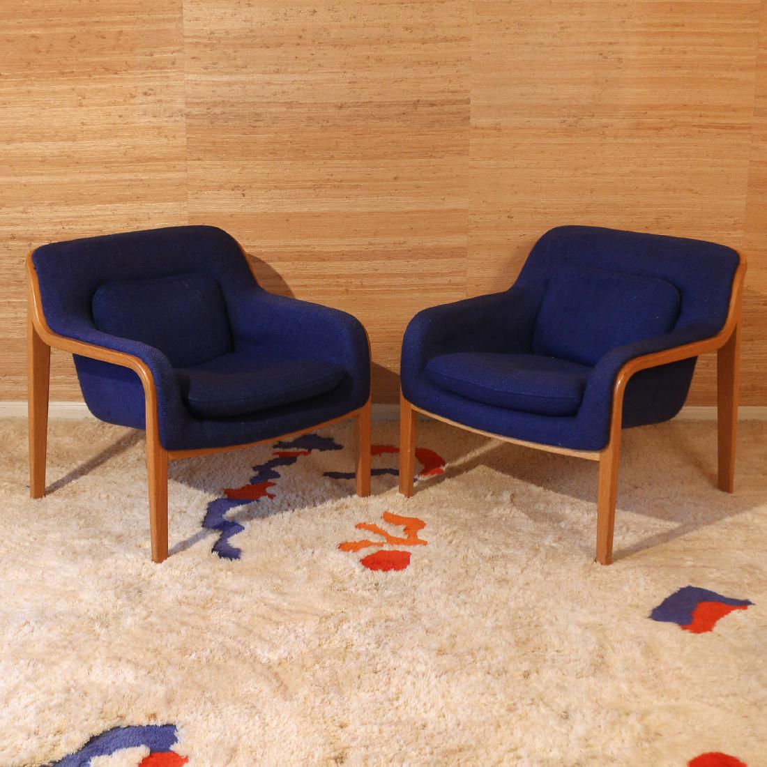 PAIR BILL STEPHENS FOR KNOLL LOUNGE CHAIRS: circa 1960s, laminated oak frames with blue upholstery, one with Knoll label under upholstery h. 28.5 w. 30 d. 28 in.