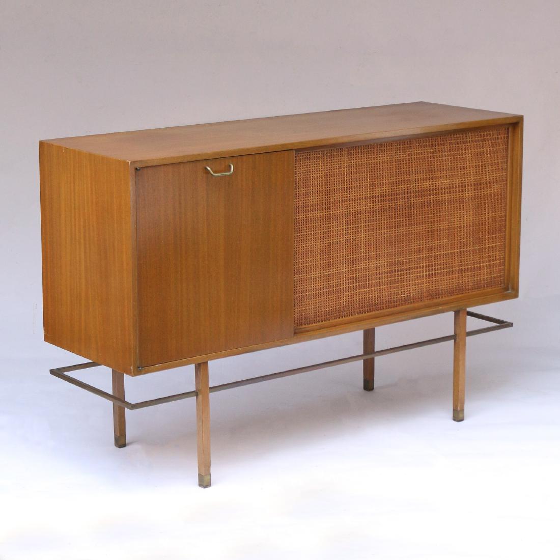HARVEY PROBBER STEREO CABINET: ca. 1960s, walnut veneer and steel, with built-in speaker and cabinet door fronting a slide-out record player, unmarked h. 36 w. 56-3/4 d. 18 in.