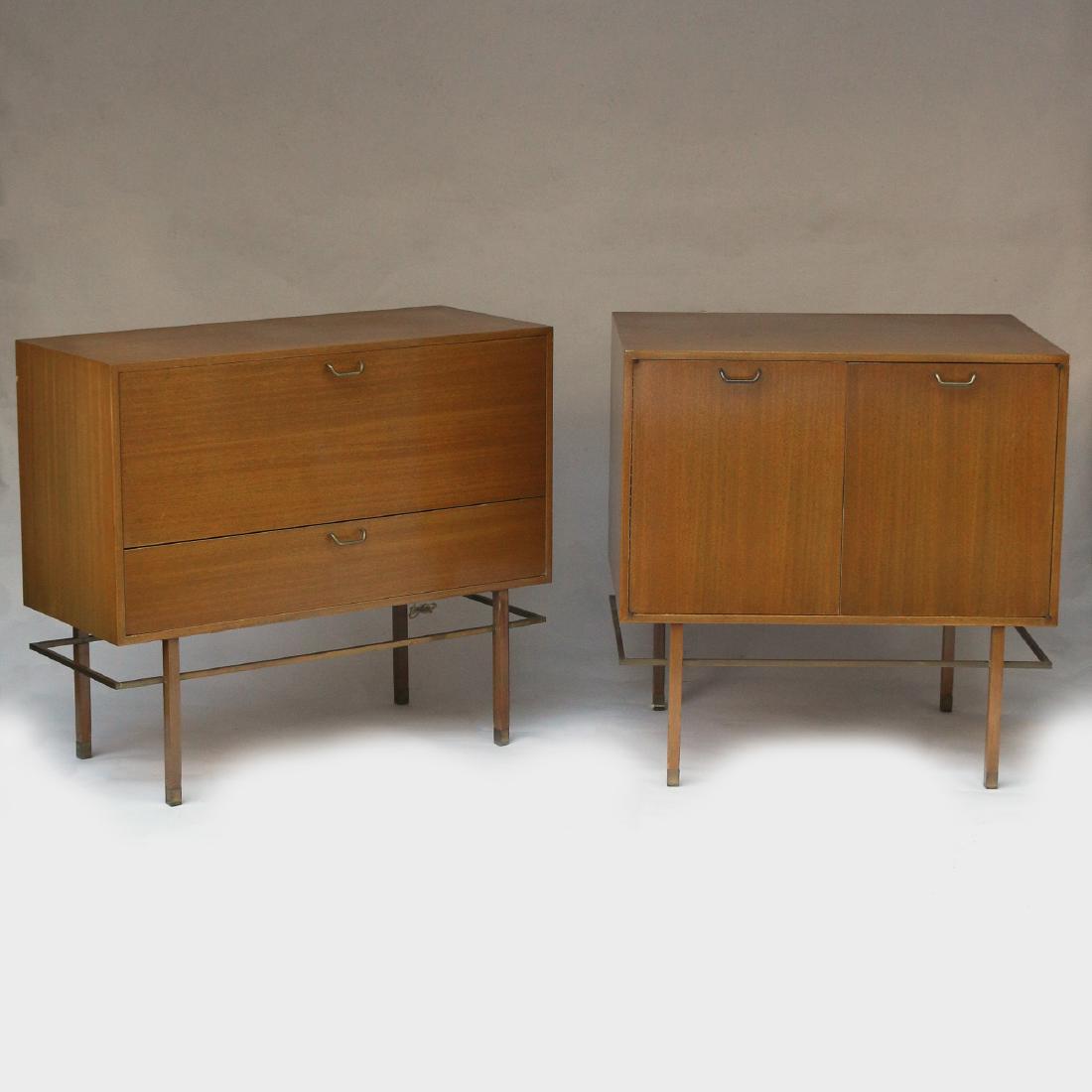 (2pc) HARVEY PROBBER CABINETS: ca. 1960s, walnut veneer and steel, including a bar cabinet with a fall-front door having a contoured glass shelf and single white drawer (not pictured), over a lower full drawer, with metal Probber t