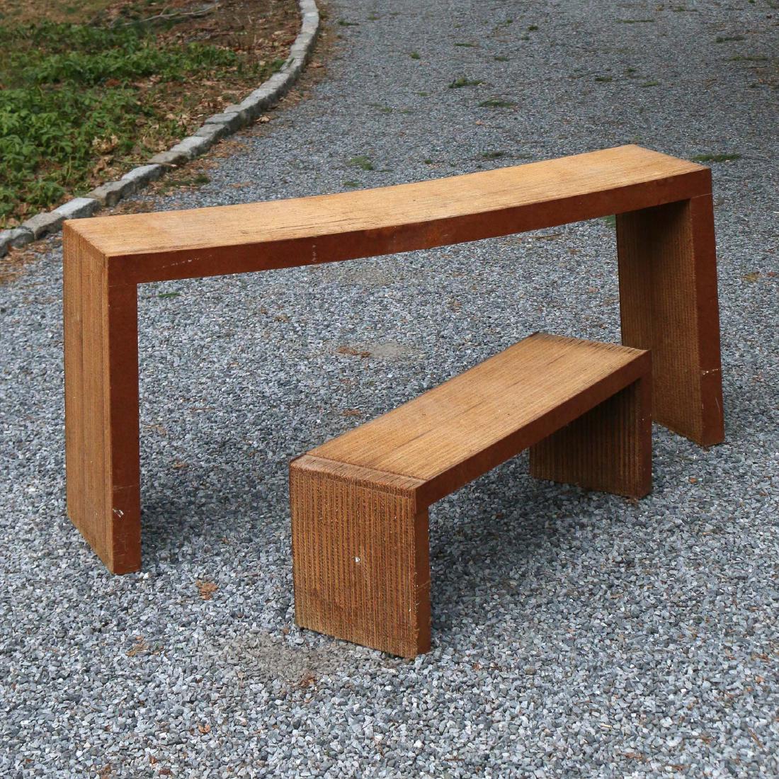 (2pc) FRANK GEHRY EASY EDGES TABLES: Corrugated cardboard & masonite, c. 1972; Including a console table (h.27 1/2 x l. 59-1/2 x w. 13-3/4 in.) and a low coffee table (h.14 x l.38 x d.13-3/4 in. h. 14 in w. 38 in. d. 13 3/4 in. Provenanc