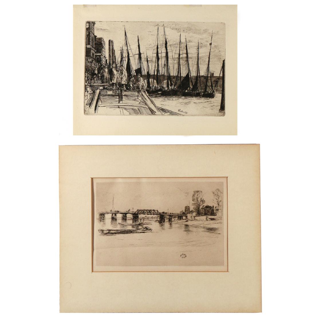 (2pc) JAMES McNEILL WHISTLER (American, 1834-1903): Two etchings including 'Billingsgate', 1859, 5-7/8 x 8-3/4 in. (plate); and 'Fulham', (1879), 5th and final state, 5-1/8 x 7-7/8 in. (subject, plate mark is appx. 1/2 in. beyond on all sides); both fr