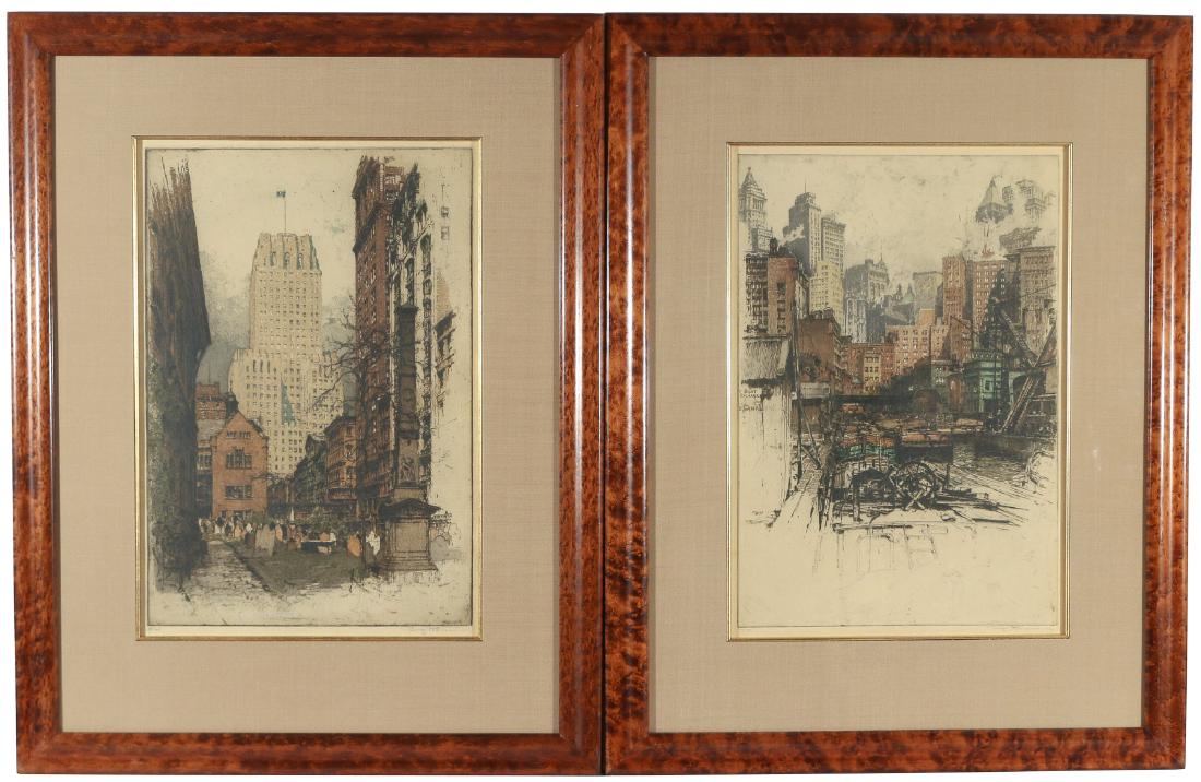 (2pc) LUIGI KASIMIR COLOURED ETCHINGS OF N.Y.C.: "Coenties Slip" & "New York Telephone Building", ed. 84/100 & 37/100, both pencil signed, both framed h. 17-1/2 w. 12 in. (sight of each)