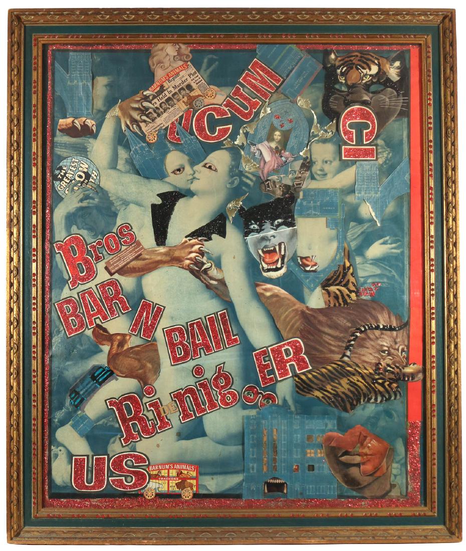 KASOUNDRA KASOUNDRA (American, 20th Century): Ringling Bros. & Barnum & Bailey Circus collage h. 40-1/2 in. w. 34 in. overall: 46 x 38 in. signed on verso and dated 1971-72; noted collage artist, friend of the artist Joseph Cornell