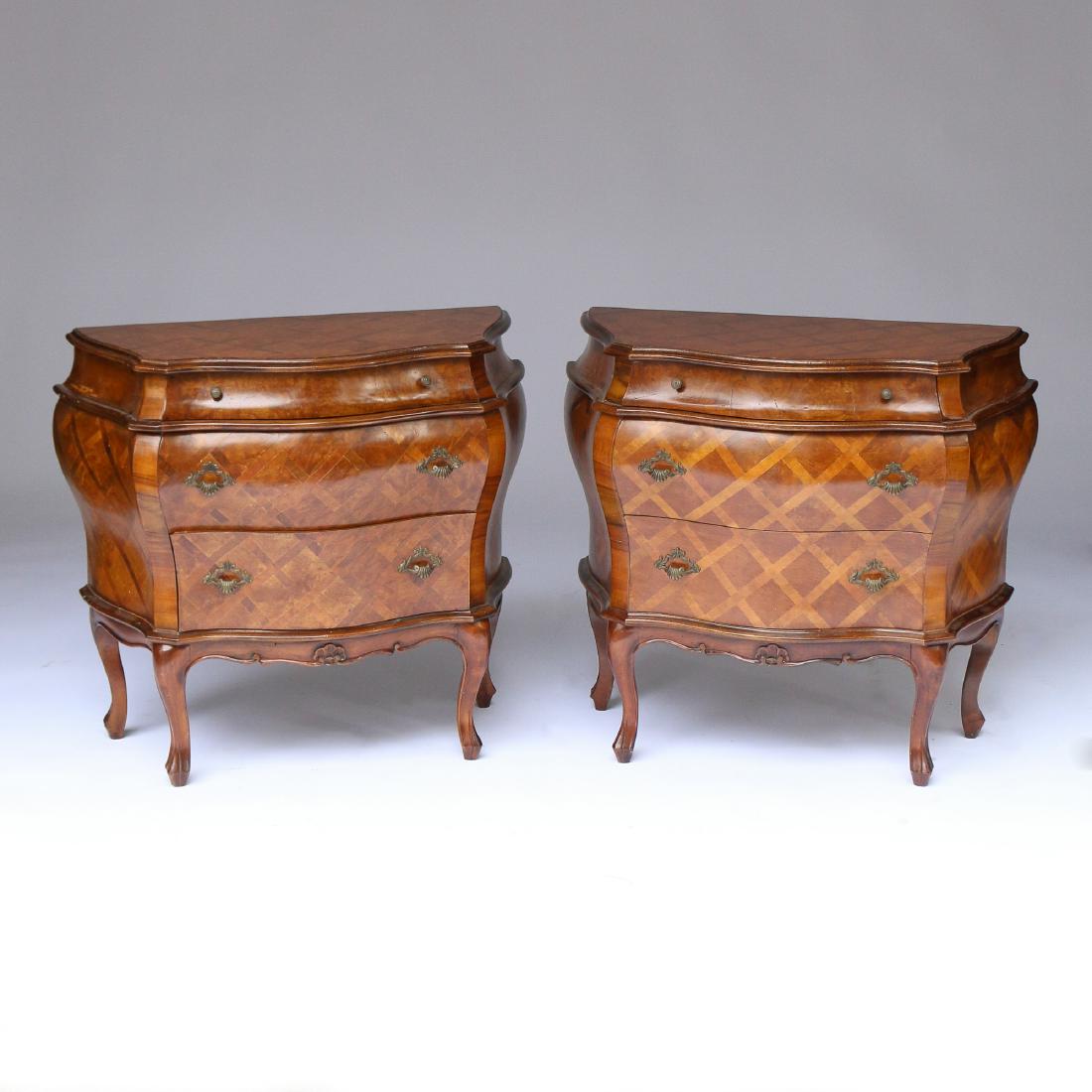 PAIR ITALIAN BOMBE COMMODES: early 20th Century, with lattice marquetry and three drawers h.28 x w.31-1/4 x d.15 in.