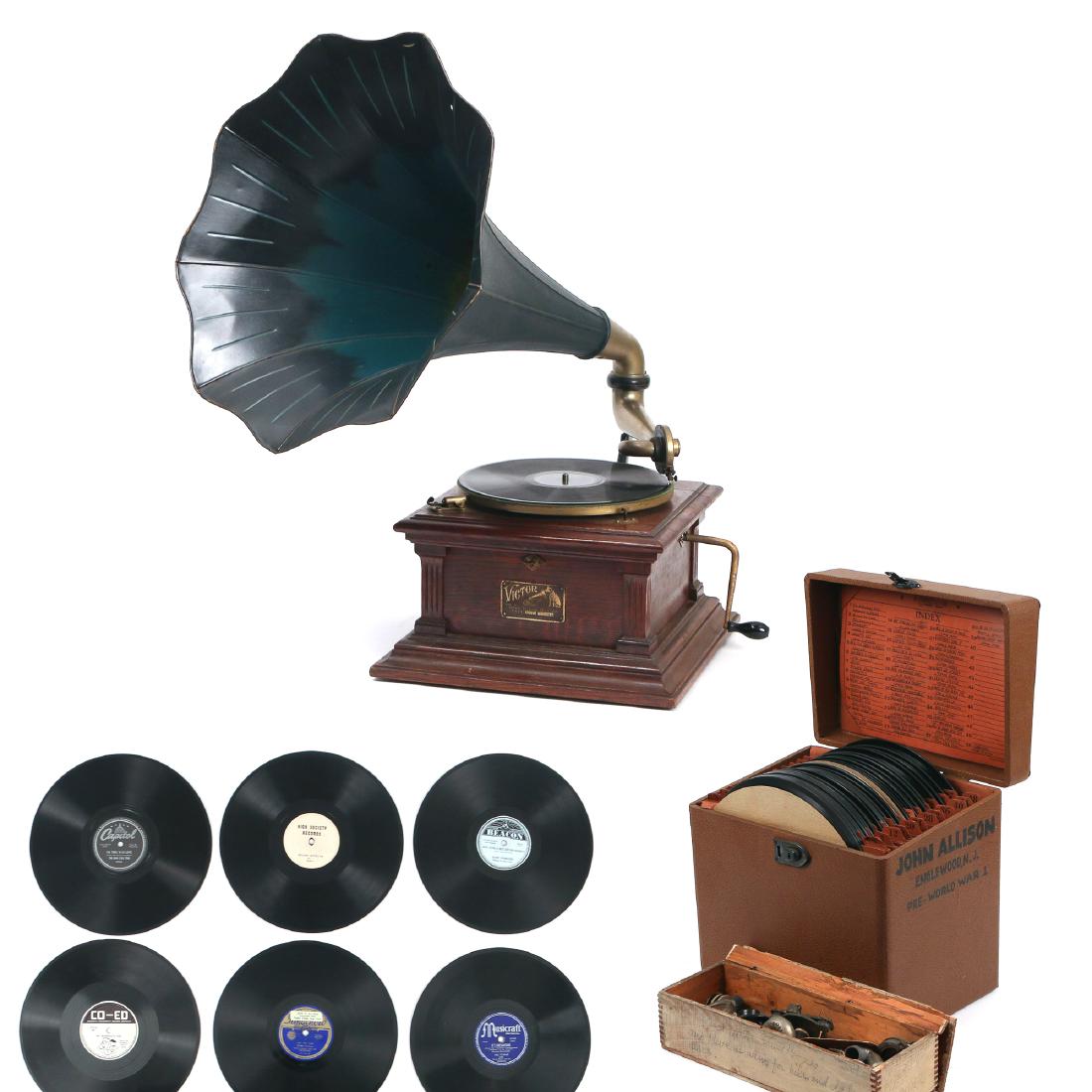 (50+pc) JOHN ALLISON'S VIC III & RECORD COLLECTION: including a Victor VIC III Talking Machine owned and signed by the artist and musicologist John Allison, having a stenciled tone arm / horn support with screw-down stop neck, a green-to-blue painted m
