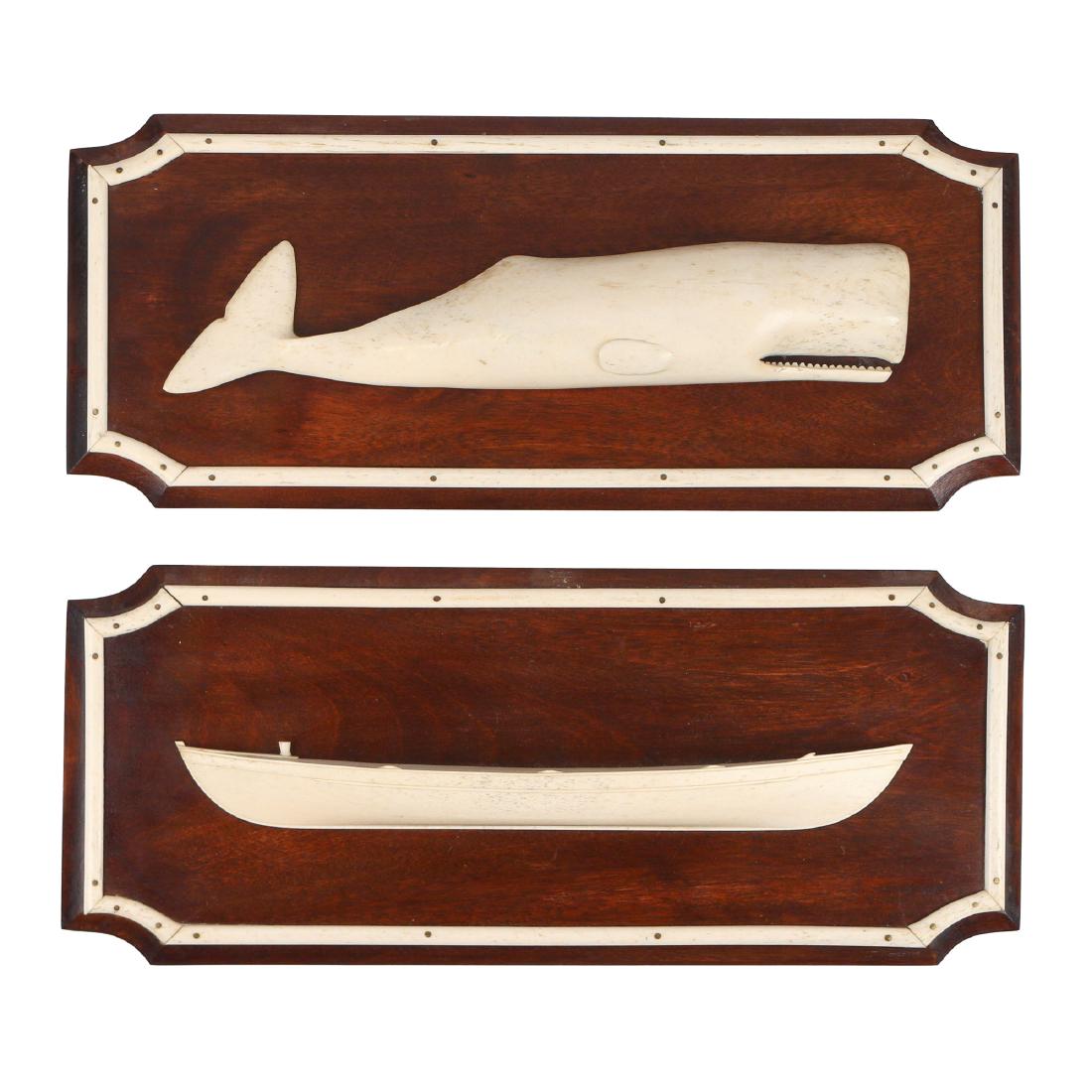 PAIR CARVED WHALE BONE PLAQUES: Both carvings mounted on a wooden plaque with canted corners and a thin raised bone boarder, one showing a sperm whale (carving l. 12 in.), the other a half-hull (possibly missing pieces, carving l. 1