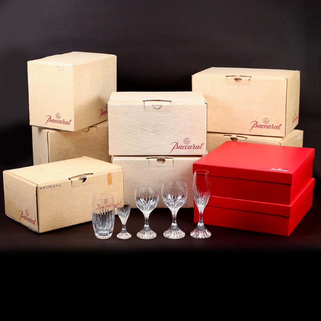 (60pc) BACCARAT 'MESSENA' STEMWARE: including 12 cordial glasses; 12 white wines; 12 red wines; 12 champagne flutes; and 12 high-ball glasses; all with original boxes and packaging; mostly unused h. 5-1/2 to 8-1/2 in. (range