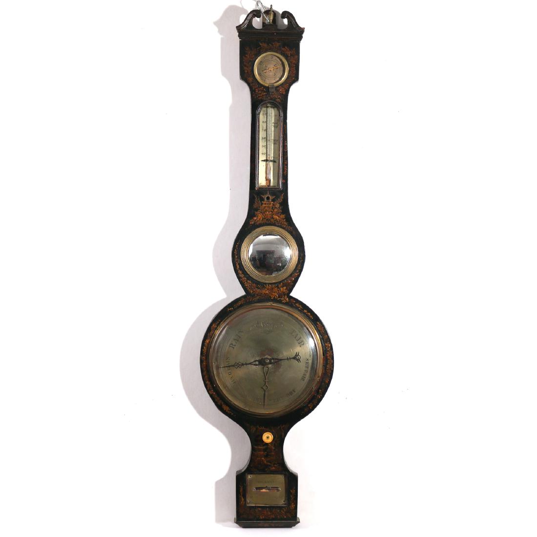 ENGLISH CHINOISERIE LACQUER BANJO BAROMETER: 19th Century, signed 'Hummel / Bishops Stortford' h. 38-1/2 in. Condition: missing glass to top dial, missing molding to side of cornice, missing knob, several other parts, as is