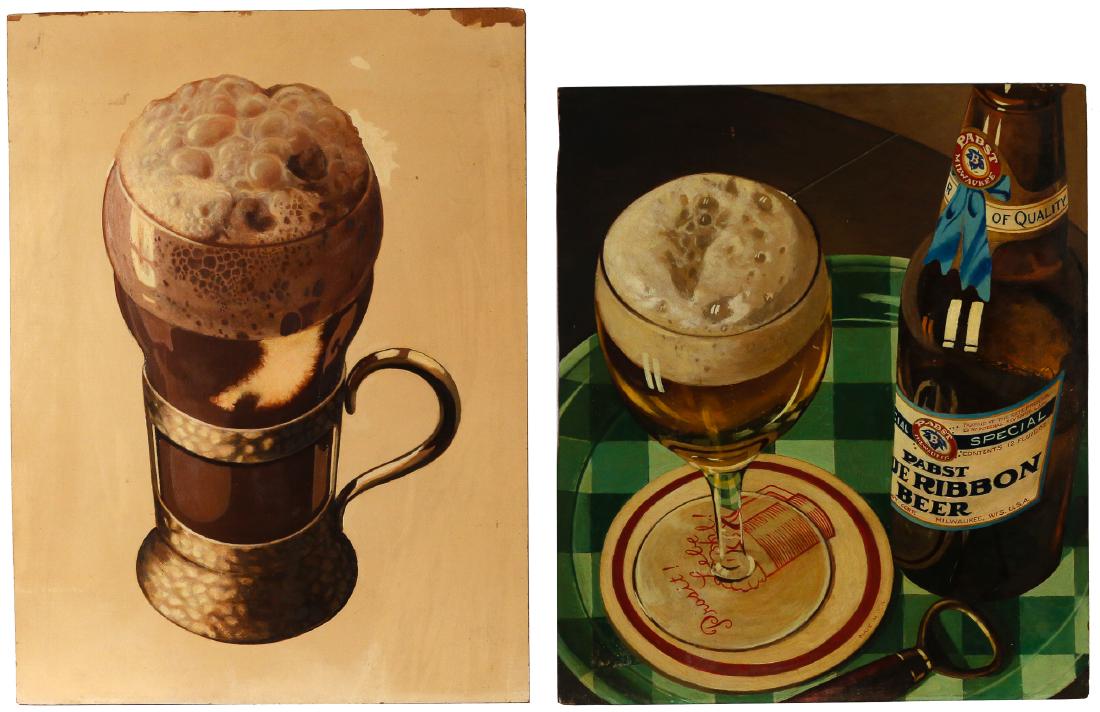 (2pc) JOHN W. ALLISON (American, b. 1893-): Pabst Blue Ribbon & Root Beer Float oil on masonite 'For the Individual Guest Tray / "Pabst"', 24 x 20-3/4 in.; and 'Black and White Soda'; 27 x 20-1/4 in.; both titled and signed on verso; both unfra