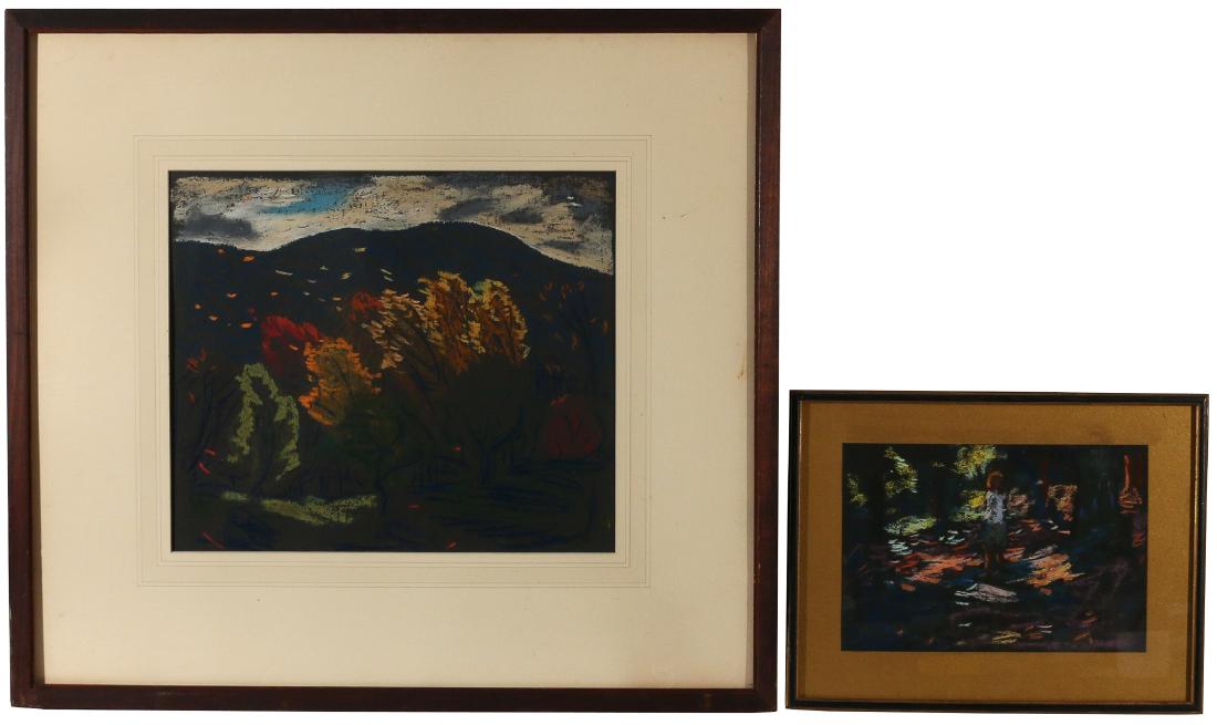 (2pc) VAN DEARING PERRINE (American, 1869-1955): Two pastel landscape pastel on paper including one mountain scene in autumn, 12 x 14 in., signed on back of frame; and one study of a young girl in a forest interior, 9-1/2 x 6-1/2 in., with old Montr