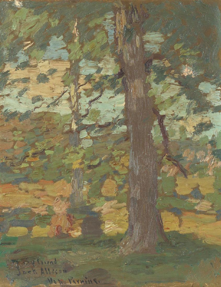 VAN DEARING PERRINE (American, 1869-1955): Two trees in landscape oil on canvas h. 14 w. 11 in. inscribed 'To my friend Jack Allison' and signed 'Van Perrine' lower left, unframed Condition: area with two small vertical tears upper right
