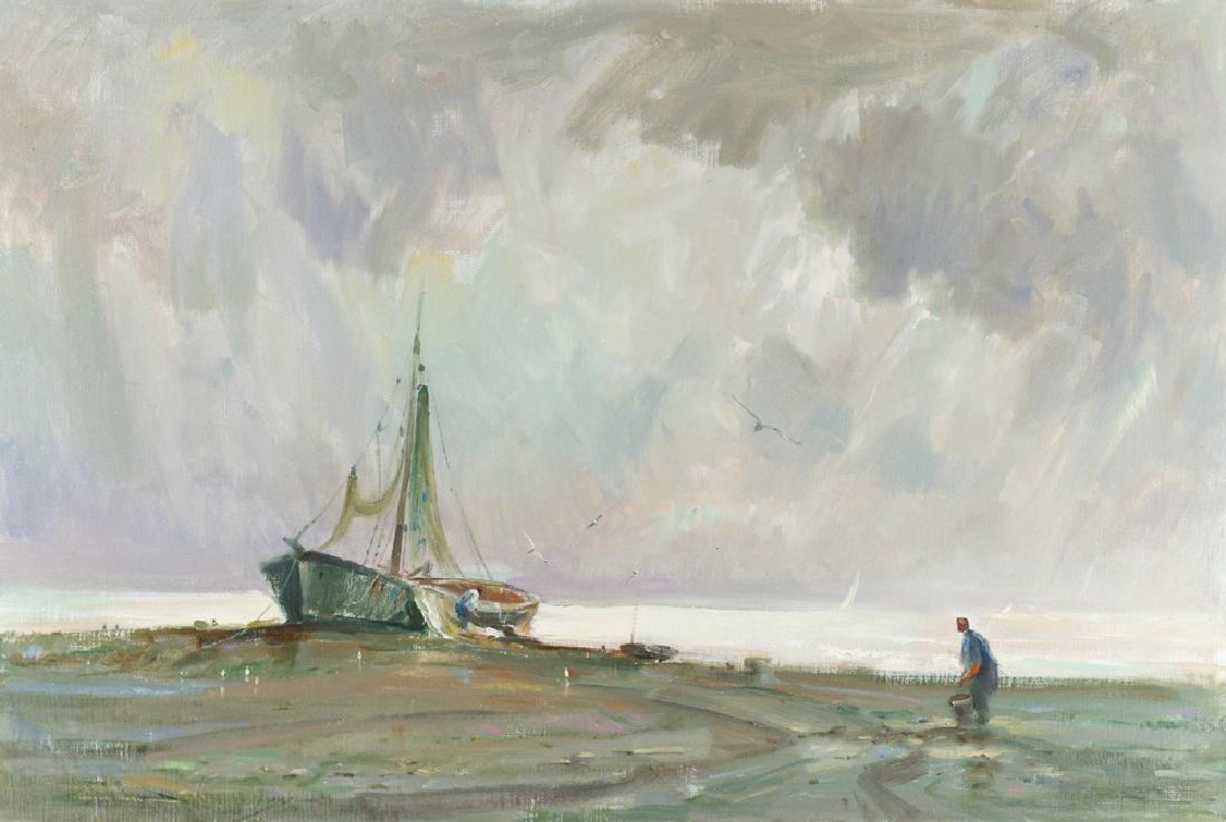 WAYNE BEAM MORRELL (American, 1923-2013): Beached at Low Tide oil on canvas h. 24 w. 36 in. overall: 31-1/2 x 43-1/2 in. signed lower right, titled on verso, framed Condition: NO COND. ISSUES NOTED