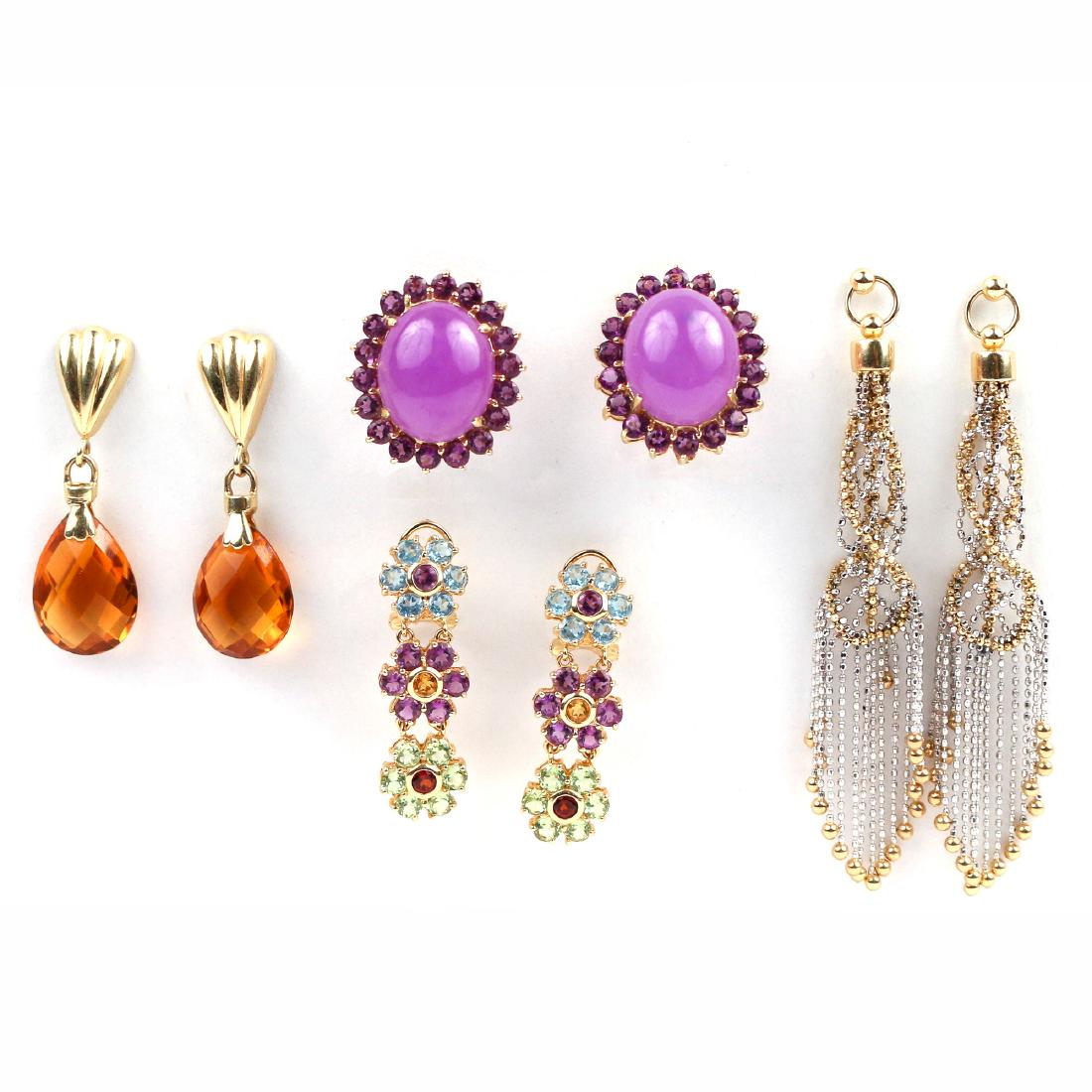 (8pc) FOUR PAIRS GOLD EARRINGS: Including a pair of flower-form earrings comprised of various colored gemstones and mounted in 14k gold (5.3g), a pair of 14k amethyst earrings (11.2g), a pair of 14k and citrine briolette earrings, a