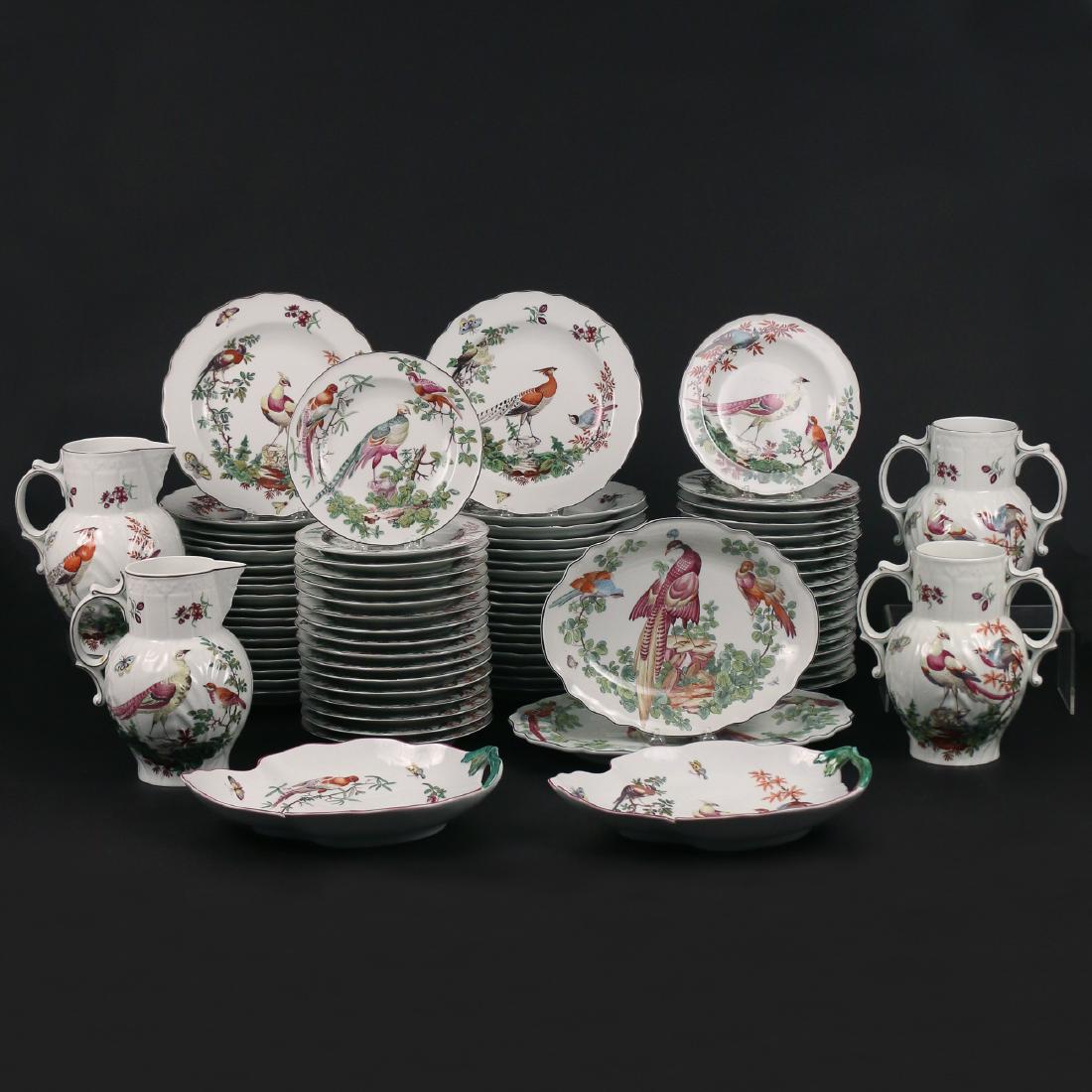(79pc) MOTTAHEDEH COLONIAL WILLIAMSBURG CHINA: SERVICE, bird-pattern, reproduced from an English plate in the Colonial Williamsburg collection, comprising 36 service plates; 35 salad plates; 2 pitchers; 2 double-handle vases; 2 misc. oval trays; a