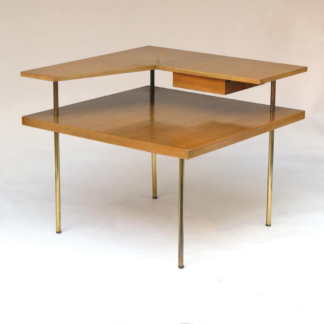 HARVEY PROBBER TIERED CORNER TABLE: ca. 1960s, walnut veneer, having a geometric top with single drawer, unmarked h. 26-1/2 w. 32 d. 32 in. Condition: top with a scratch and slightly faded area (from a lamp)