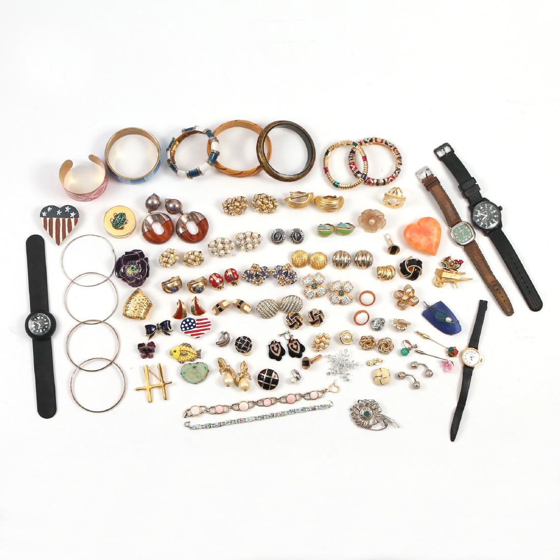 LARGE LOT MISC COSTUME JEWELRY: Including three wristwatches, a pill box, Charles Tyrwhitt boxed silver cufflinks; miscellaneous pins including Sphinx; wood and other bangle bracelets including Gay Boyer; plus dozens of pairs of cos