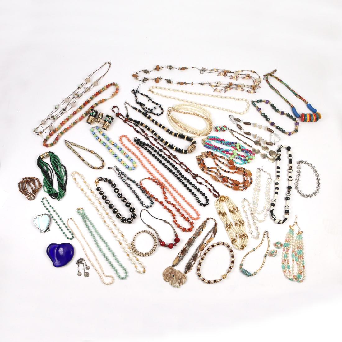 LARGE LOT MOSTLY BEAD NECKLACES: Including many various round stone, faceted stone, rhinestone, faux pearl, glass and other beaded necklaces; plus a Tiffany blue glass heart, opera glasses in a case, and a Tiffany & Co. heart form pi