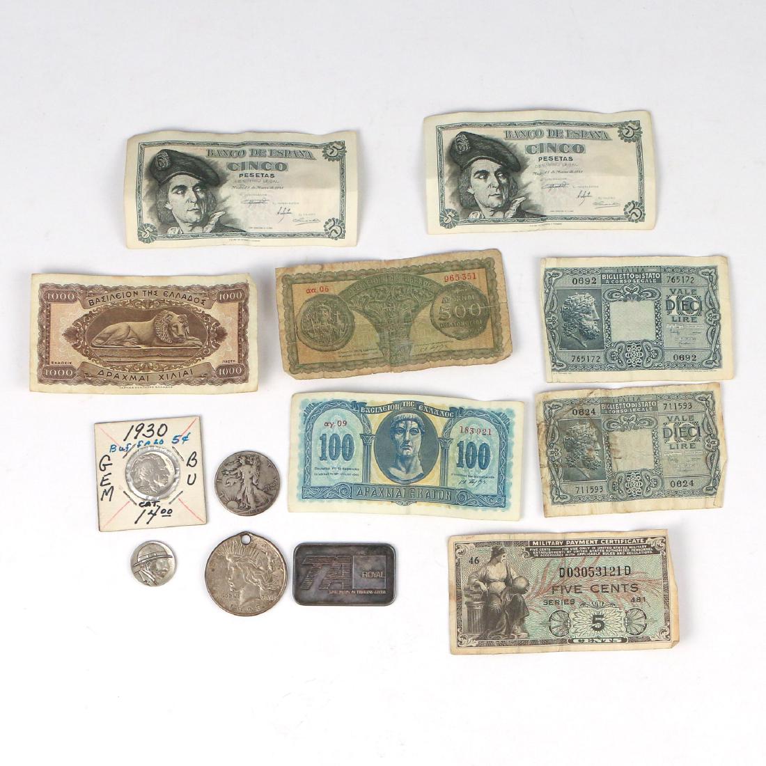 MISC. LOT OF COINS & OTHER: Including a buffalo hobo nickel, one side with Washington with a beard and safari hat, a 1930 buffalo nickel, a .999 silver troy ounce bar (TA Royal), a 1943 walking liberty half dollar, a 1923 silver