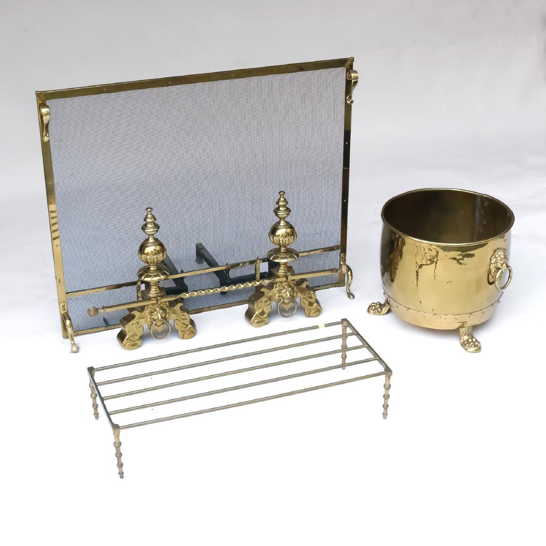 (6pc) BRASS FIREPLACE EQUIPMENT: 20th Century, including a fireplace screen (h.31 x w.38 in.) with matching andirons and medial bar; plus a bucket and a drying rack
