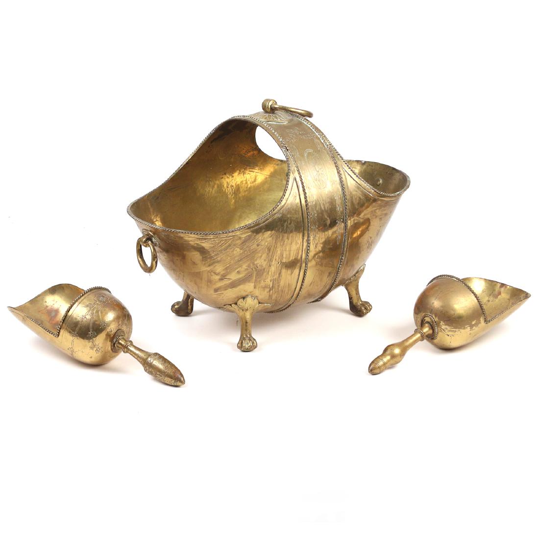 (3pc) ANTIQUE BRASS COAL HOD & SCOOPS: 19th Century, probably Spanish, with ropework edging and chased decoration, having one near-matching scoop and one similar scoop h. 15 w. 20-1/2 d. 12-1/2 in.