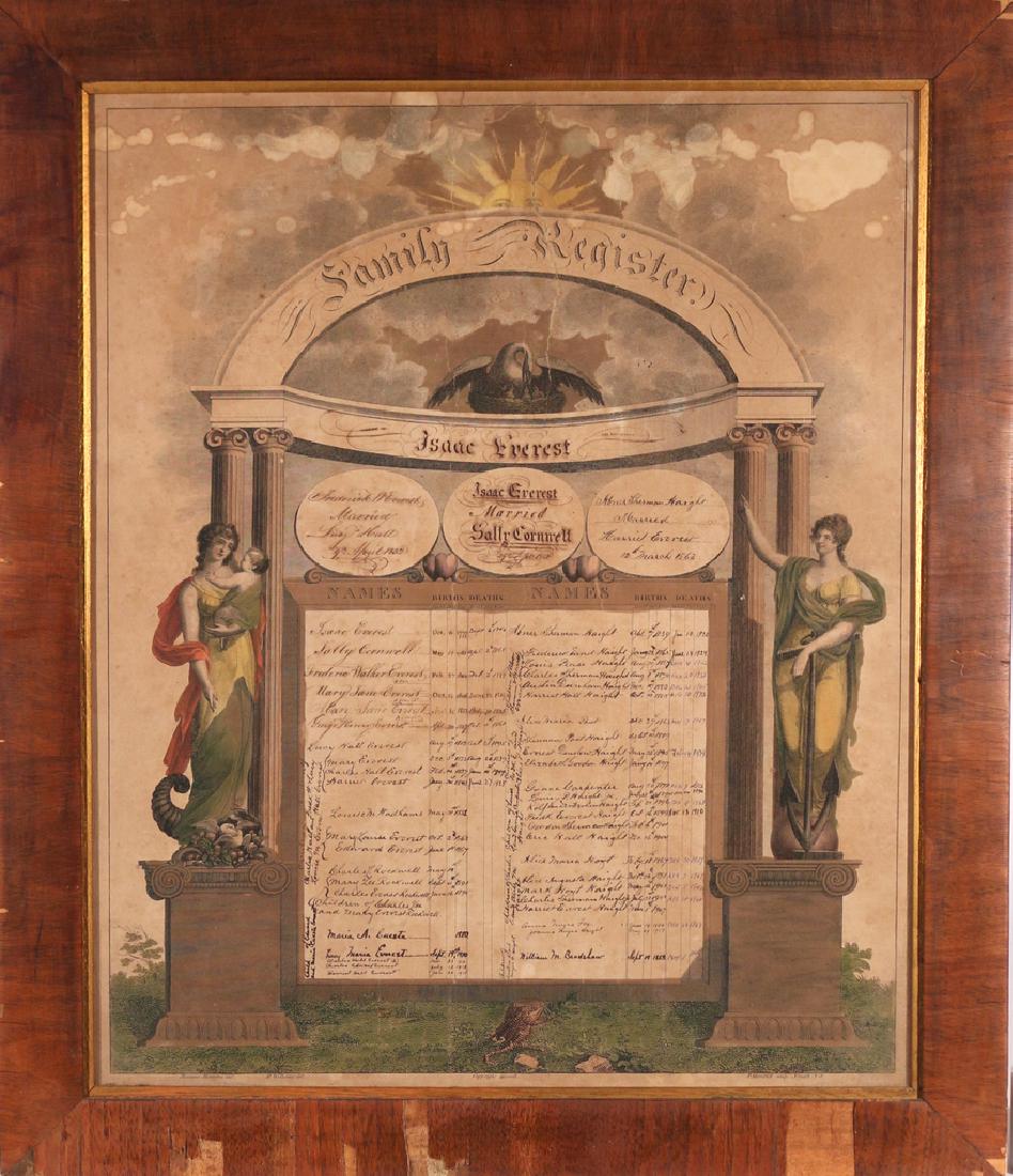 E.19THC. AMERICAN FRAKTUR FAMILY REGISTER: â€œIsaac Everestâ€, engraving with hand colouring, showing hand-written information on the births and deaths by heirs of Isaac Everest, framed h. 23-1/2 w. 19 in. overall: 28 x 24 in. Condition