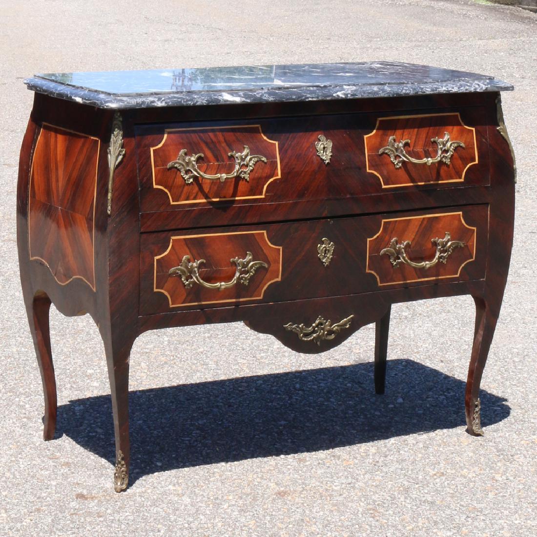 LOUIS XV-STYLE BOMBE COMMODE: having green marble top, ormolu mounts: shutes and sabots, AUCTION IN SITU ITEM: Please note this is available to view by appointment as it is stored externally to the saleroom h. 34 in. w. 41 in. d. 