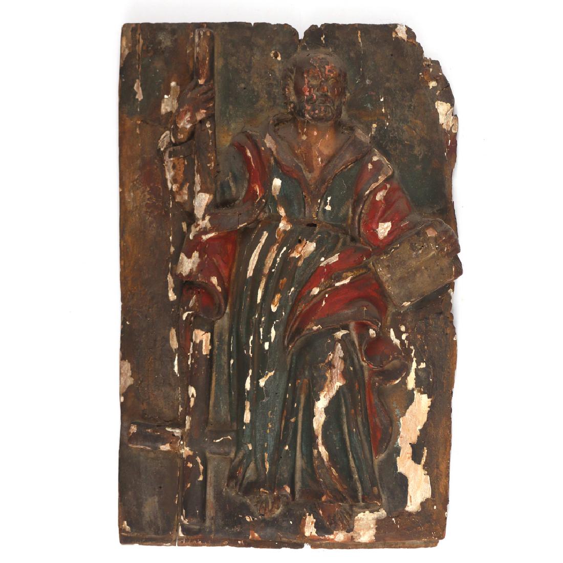 EARLY CARVED POLYCHROME PANEL: Depicting Moses with a staff h. 14 w. 9 in.