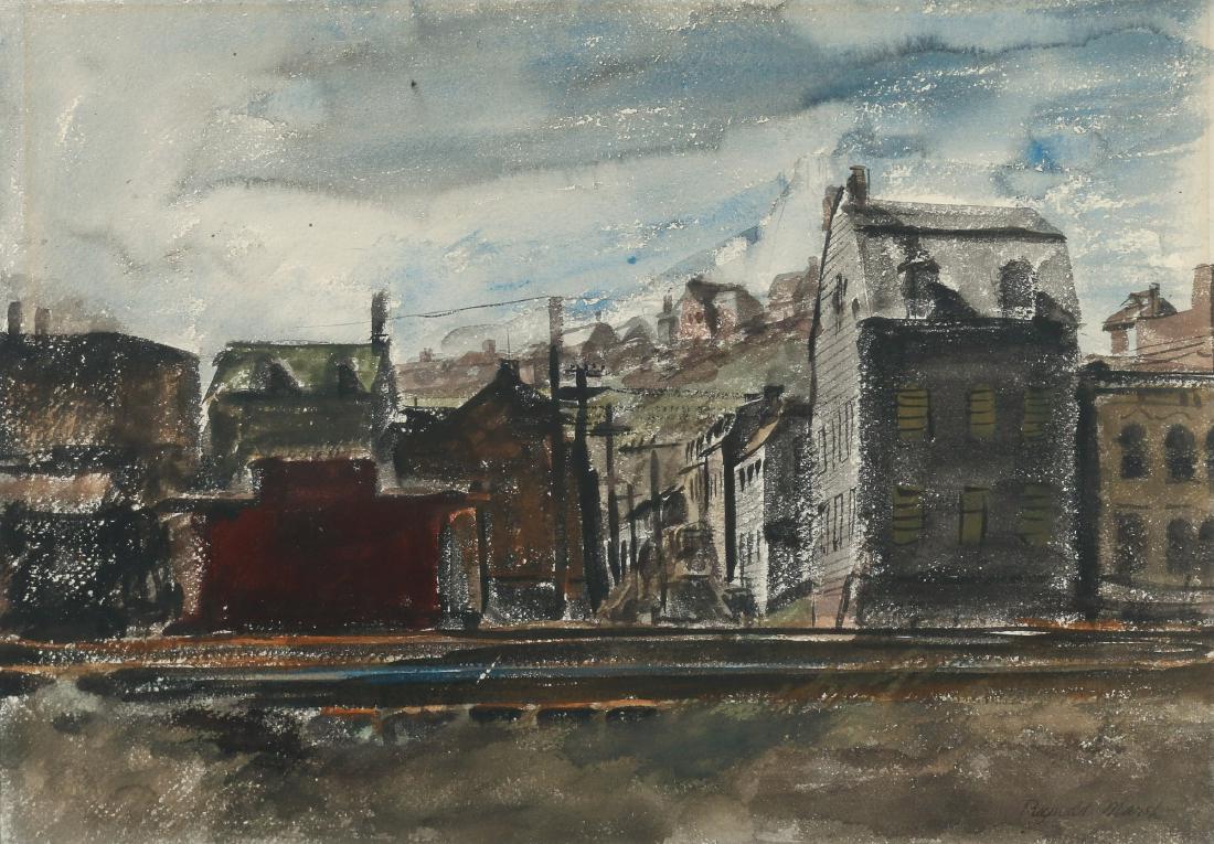 REGINALD MARSH (American, 1898-1954): Industrial townscape by railroad watercolor on paper h. 14 w. 20 in. (sheet) overall: 22 x 27 in. signed lower right, framed