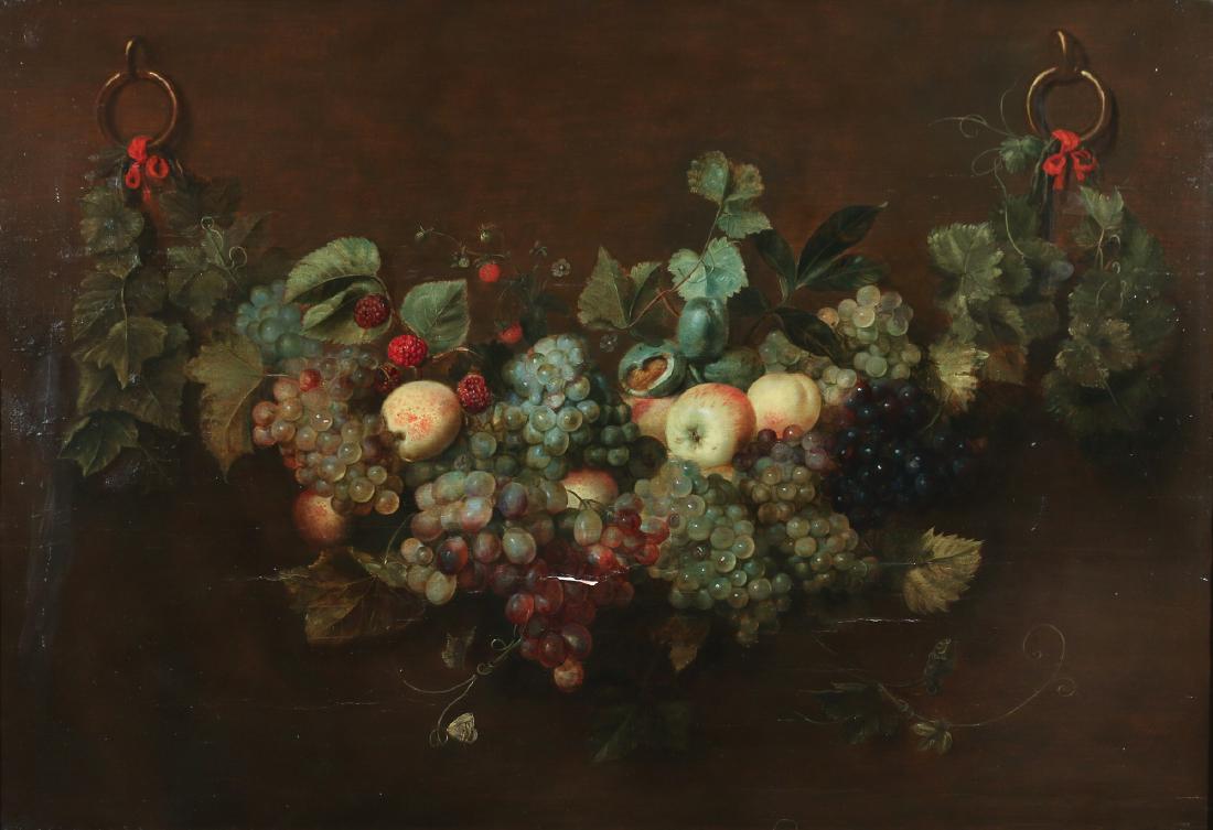 SCHOOL OF JORIS VAN SON, 17th Century: Still life of grapes, apples & garland oil on cradled panel h. 25 w. 36-3/4 in. overall: 34 x 46 in. (frame) in an 18th Century gilt carved frame